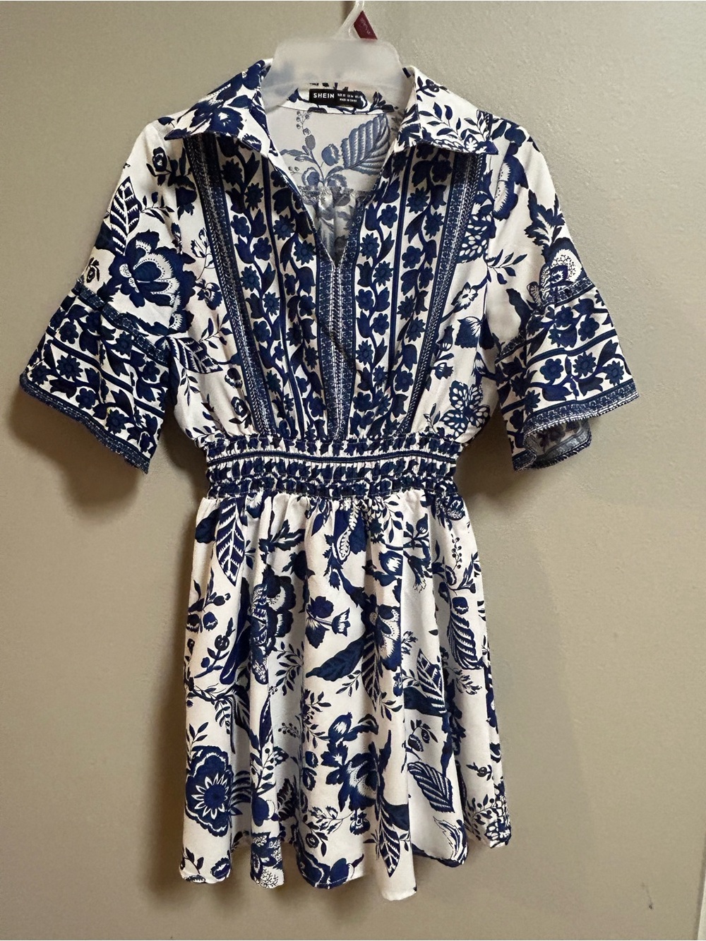 SHEIN XS Blue White Floral Smocked Waist Mini Dress Bell Sleeve Boho